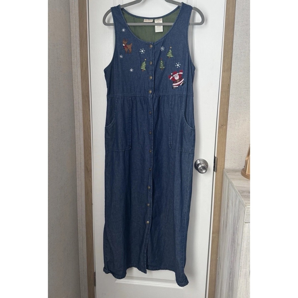 Bobbie Brooks Denim Christmas Dress Santa Reindeer Embroidered Women's Medium